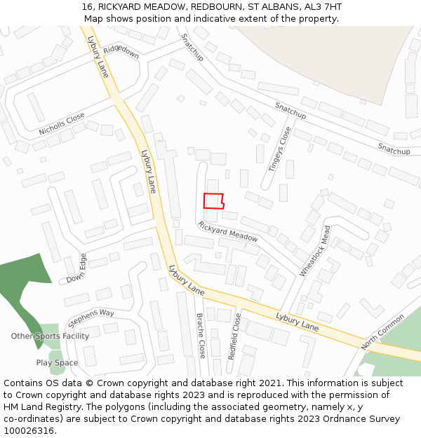16, RICKYARD MEADOW, REDBOURN, ST ALBANS, AL3 7HT: Location map and indicative extent of plot