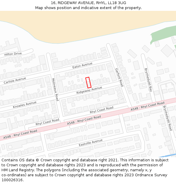 16, RIDGEWAY AVENUE, RHYL, LL18 3UG: Location map and indicative extent of plot