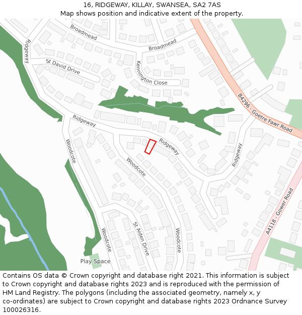 16, RIDGEWAY, KILLAY, SWANSEA, SA2 7AS: Location map and indicative extent of plot