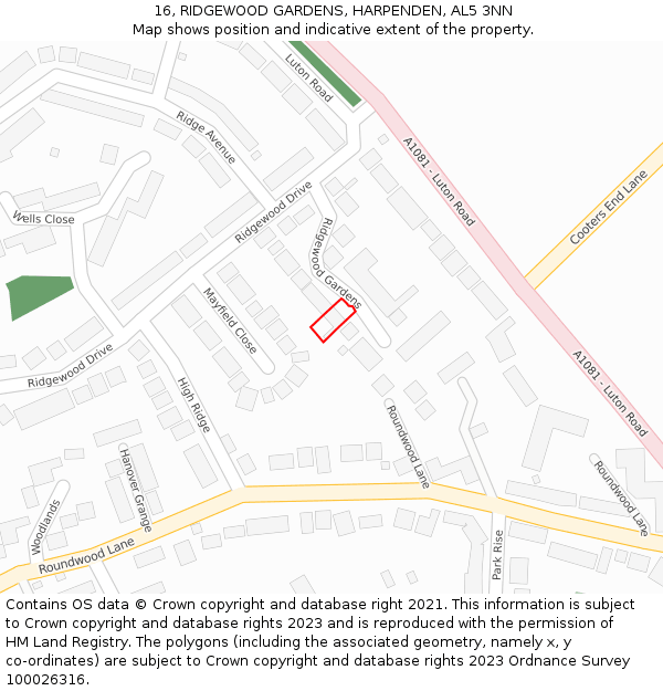 16, RIDGEWOOD GARDENS, HARPENDEN, AL5 3NN: Location map and indicative extent of plot