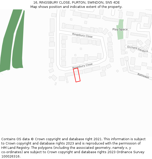 16, RINGSBURY CLOSE, PURTON, SWINDON, SN5 4DE: Location map and indicative extent of plot