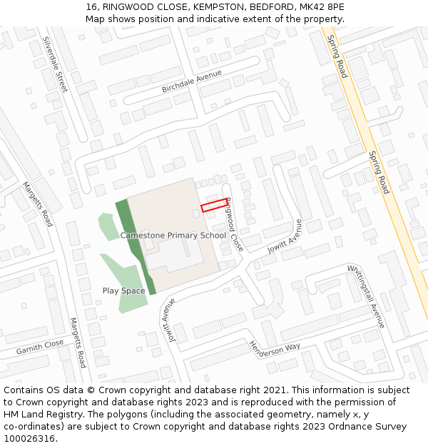 16, RINGWOOD CLOSE, KEMPSTON, BEDFORD, MK42 8PE: Location map and indicative extent of plot