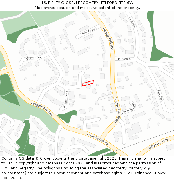 16, RIPLEY CLOSE, LEEGOMERY, TELFORD, TF1 6YY: Location map and indicative extent of plot