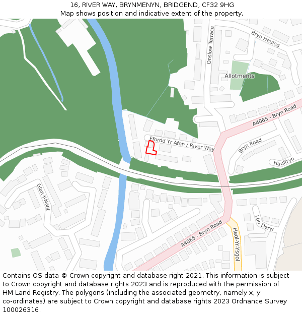 16, RIVER WAY, BRYNMENYN, BRIDGEND, CF32 9HG: Location map and indicative extent of plot