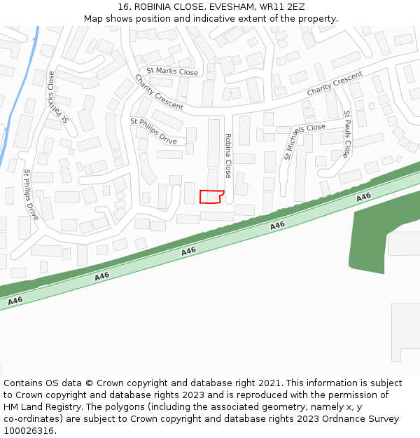 16, ROBINIA CLOSE, EVESHAM, WR11 2EZ: Location map and indicative extent of plot