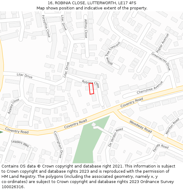 16, ROBINIA CLOSE, LUTTERWORTH, LE17 4FS: Location map and indicative extent of plot