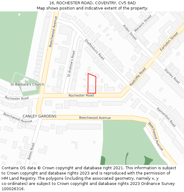 16, ROCHESTER ROAD, COVENTRY, CV5 6AD: Location map and indicative extent of plot