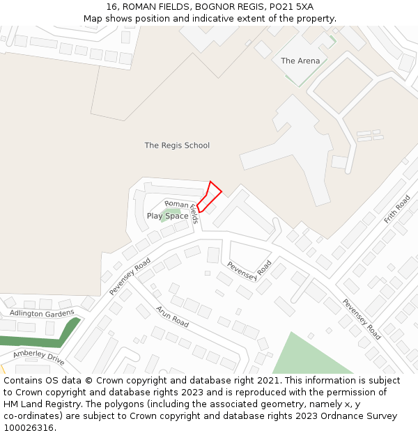 16, ROMAN FIELDS, BOGNOR REGIS, PO21 5XA: Location map and indicative extent of plot