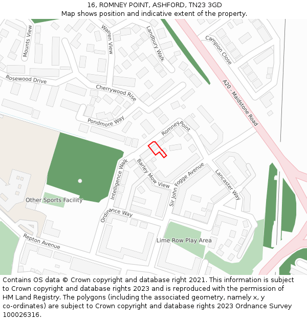 16, ROMNEY POINT, ASHFORD, TN23 3GD: Location map and indicative extent of plot