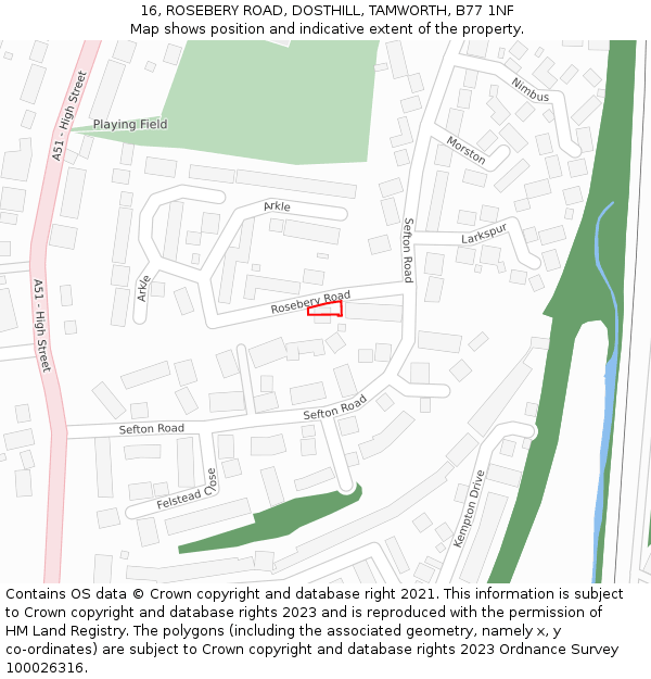 16, ROSEBERY ROAD, DOSTHILL, TAMWORTH, B77 1NF: Location map and indicative extent of plot