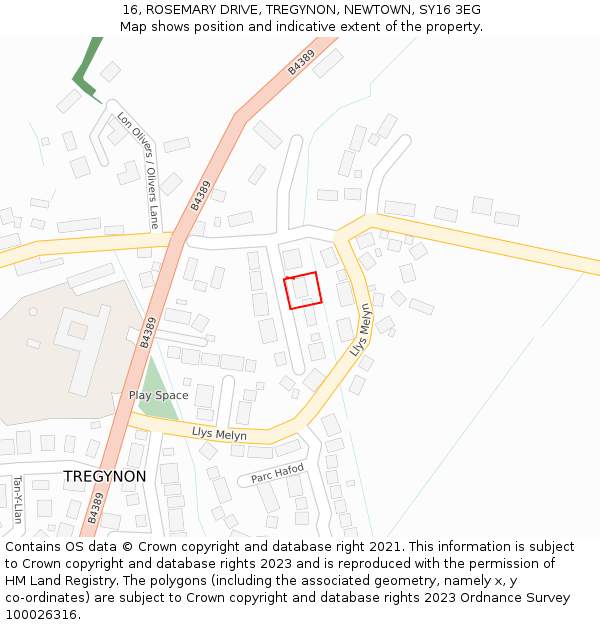 16, ROSEMARY DRIVE, TREGYNON, NEWTOWN, SY16 3EG: Location map and indicative extent of plot