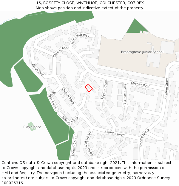16, ROSETTA CLOSE, WIVENHOE, COLCHESTER, CO7 9RX: Location map and indicative extent of plot