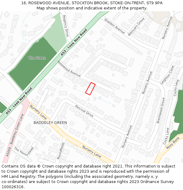 16, ROSEWOOD AVENUE, STOCKTON BROOK, STOKE-ON-TRENT, ST9 9PA: Location map and indicative extent of plot