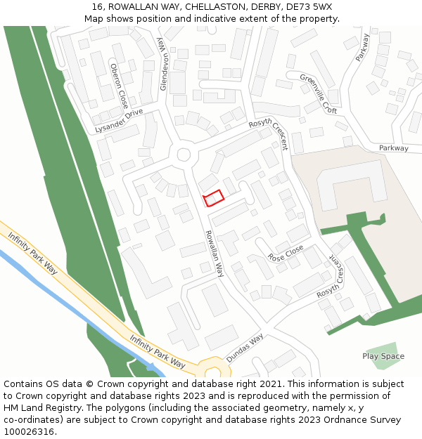 16, ROWALLAN WAY, CHELLASTON, DERBY, DE73 5WX: Location map and indicative extent of plot