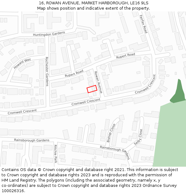 16, ROWAN AVENUE, MARKET HARBOROUGH, LE16 9LS: Location map and indicative extent of plot