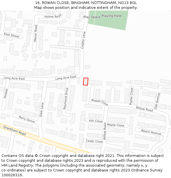 16, ROWAN CLOSE, BINGHAM, NOTTINGHAM, NG13 8GL: Location map and indicative extent of plot