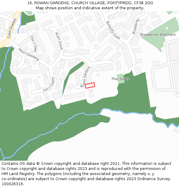 16, ROWAN GARDENS, CHURCH VILLAGE, PONTYPRIDD, CF38 2GG: Location map and indicative extent of plot