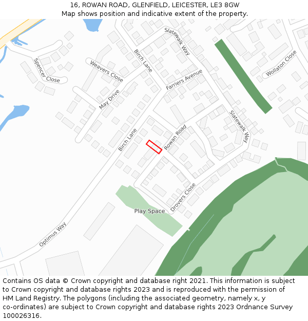 16, ROWAN ROAD, GLENFIELD, LEICESTER, LE3 8GW: Location map and indicative extent of plot