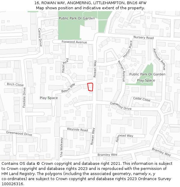 16, ROWAN WAY, ANGMERING, LITTLEHAMPTON, BN16 4FW: Location map and indicative extent of plot