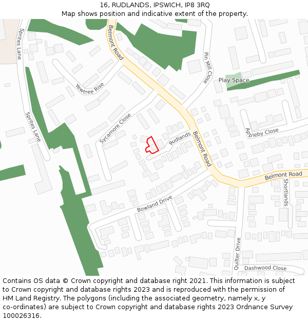 16, RUDLANDS, IPSWICH, IP8 3RQ: Location map and indicative extent of plot