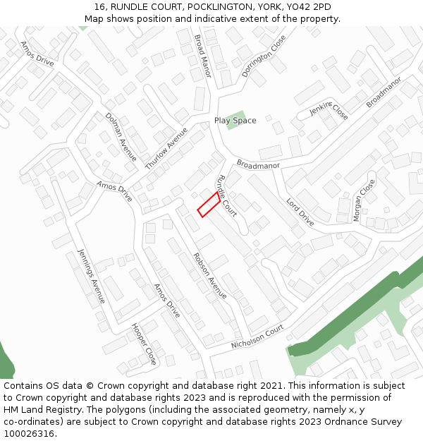 16, RUNDLE COURT, POCKLINGTON, YORK, YO42 2PD: Location map and indicative extent of plot