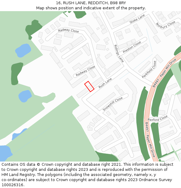 16, RUSH LANE, REDDITCH, B98 8RY: Location map and indicative extent of plot
