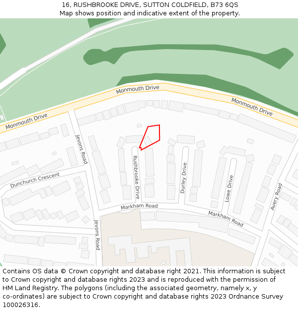 16, RUSHBROOKE DRIVE, SUTTON COLDFIELD, B73 6QS: Location map and indicative extent of plot