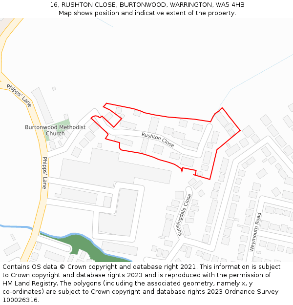 16, RUSHTON CLOSE, BURTONWOOD, WARRINGTON, WA5 4HB: Location map and indicative extent of plot