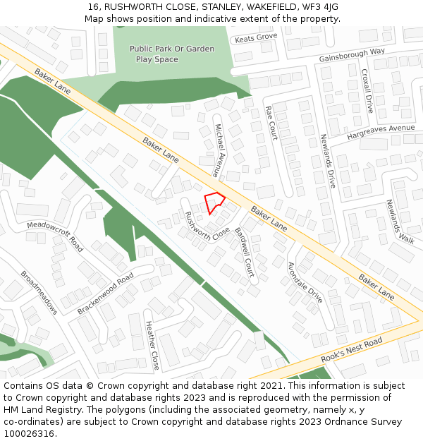 16, RUSHWORTH CLOSE, STANLEY, WAKEFIELD, WF3 4JG: Location map and indicative extent of plot