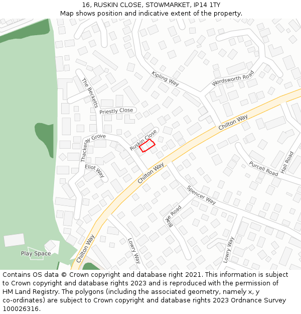 16, RUSKIN CLOSE, STOWMARKET, IP14 1TY: Location map and indicative extent of plot