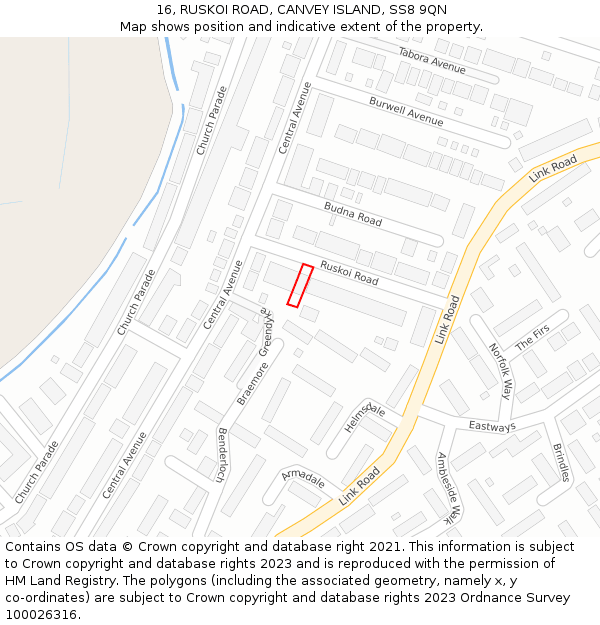 16, RUSKOI ROAD, CANVEY ISLAND, SS8 9QN: Location map and indicative extent of plot