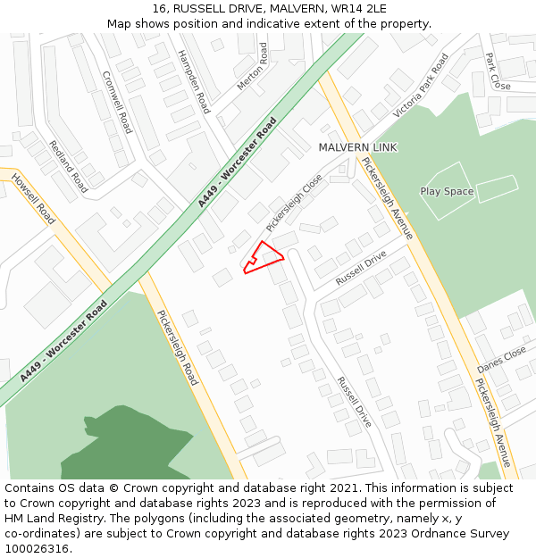 16, RUSSELL DRIVE, MALVERN, WR14 2LE: Location map and indicative extent of plot