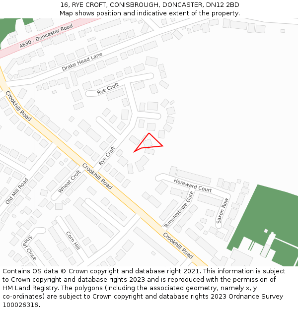 16, RYE CROFT, CONISBROUGH, DONCASTER, DN12 2BD: Location map and indicative extent of plot