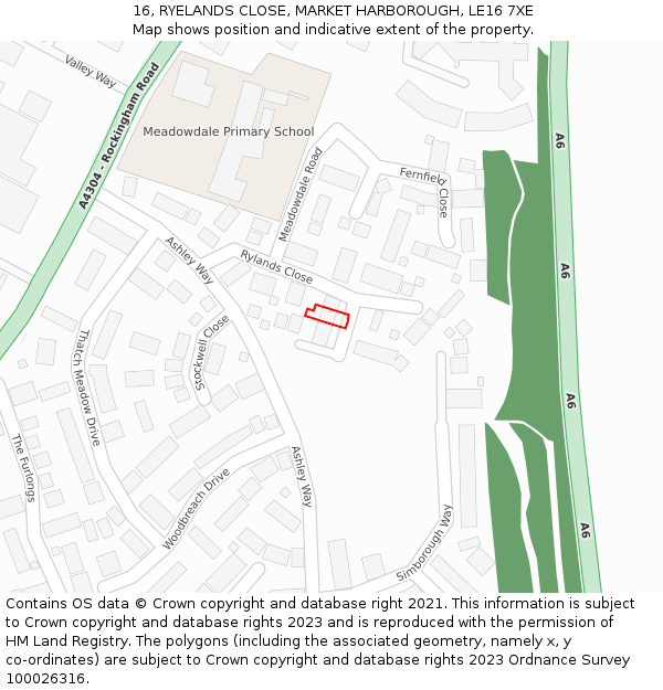 16, RYELANDS CLOSE, MARKET HARBOROUGH, LE16 7XE: Location map and indicative extent of plot