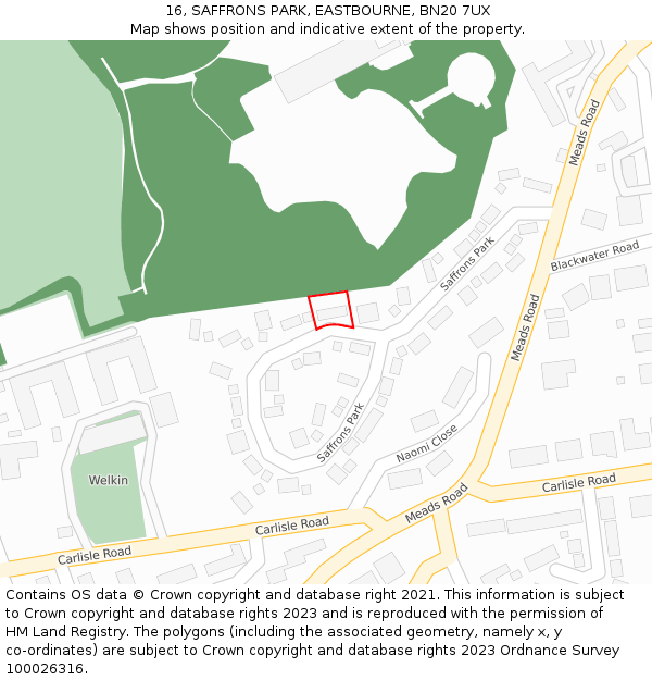 16, SAFFRONS PARK, EASTBOURNE, BN20 7UX: Location map and indicative extent of plot