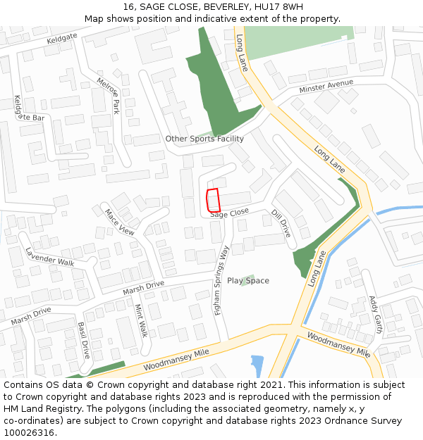 16, SAGE CLOSE, BEVERLEY, HU17 8WH: Location map and indicative extent of plot