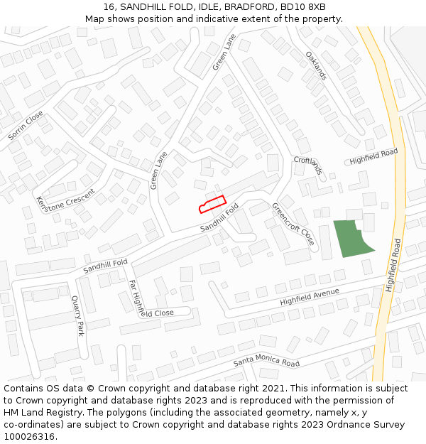 16, SANDHILL FOLD, IDLE, BRADFORD, BD10 8XB: Location map and indicative extent of plot