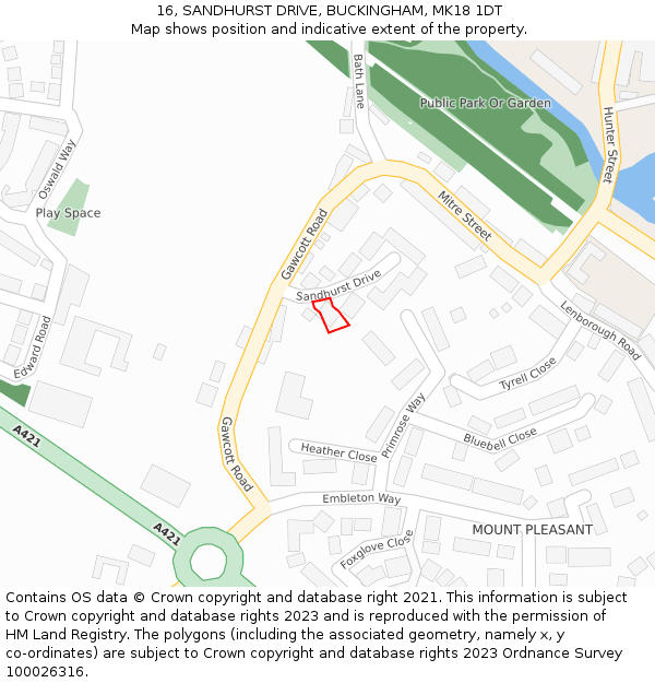 16, SANDHURST DRIVE, BUCKINGHAM, MK18 1DT: Location map and indicative extent of plot