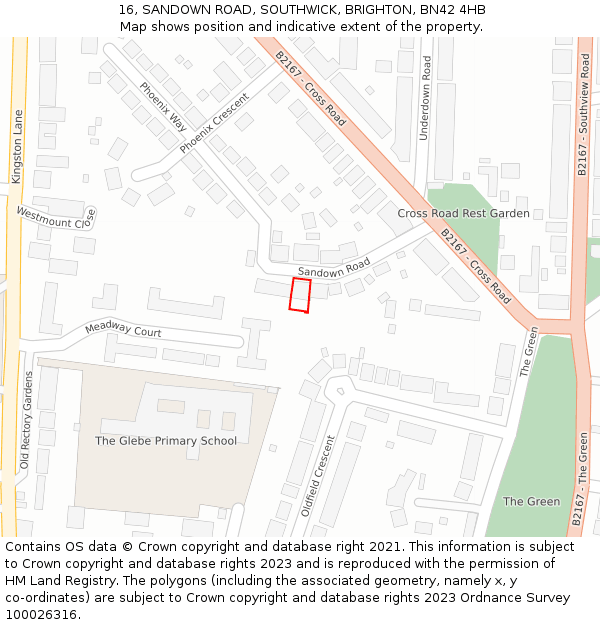 16, SANDOWN ROAD, SOUTHWICK, BRIGHTON, BN42 4HB: Location map and indicative extent of plot