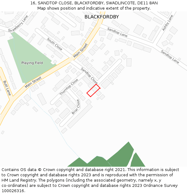 16, SANDTOP CLOSE, BLACKFORDBY, SWADLINCOTE, DE11 8AN: Location map and indicative extent of plot