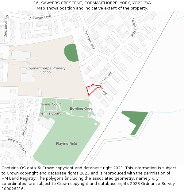 16, SAWYERS CRESCENT, COPMANTHORPE, YORK, YO23 3YA: Location map and indicative extent of plot