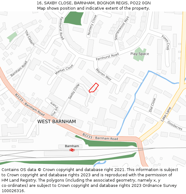 16, SAXBY CLOSE, BARNHAM, BOGNOR REGIS, PO22 0GN: Location map and indicative extent of plot