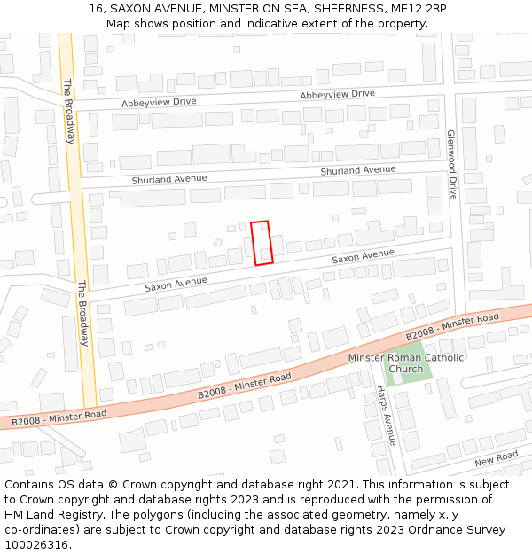 16, SAXON AVENUE, MINSTER ON SEA, SHEERNESS, ME12 2RP: Location map and indicative extent of plot