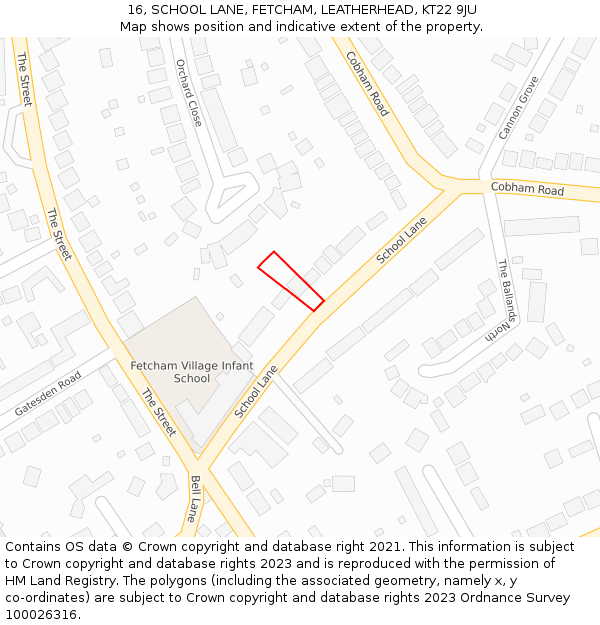 16, SCHOOL LANE, FETCHAM, LEATHERHEAD, KT22 9JU: Location map and indicative extent of plot