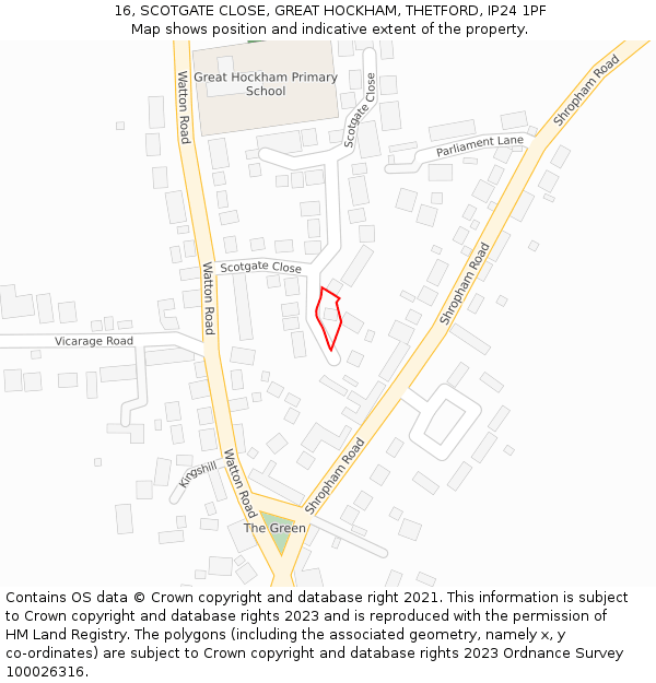 16, SCOTGATE CLOSE, GREAT HOCKHAM, THETFORD, IP24 1PF: Location map and indicative extent of plot