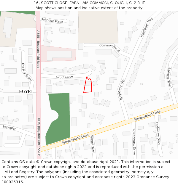 16, SCOTT CLOSE, FARNHAM COMMON, SLOUGH, SL2 3HT: Location map and indicative extent of plot