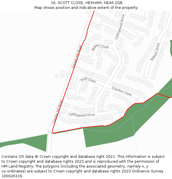 16, SCOTT CLOSE, HEXHAM, NE46 2QB: Location map and indicative extent of plot