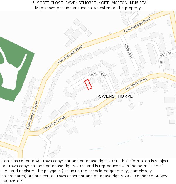 16, SCOTT CLOSE, RAVENSTHORPE, NORTHAMPTON, NN6 8EA: Location map and indicative extent of plot