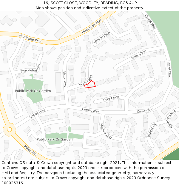 16, SCOTT CLOSE, WOODLEY, READING, RG5 4UP: Location map and indicative extent of plot