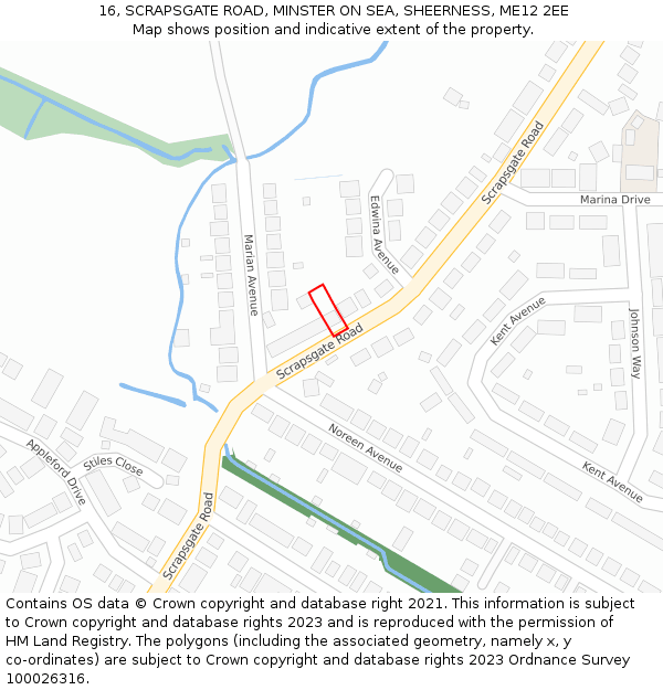16, SCRAPSGATE ROAD, MINSTER ON SEA, SHEERNESS, ME12 2EE: Location map and indicative extent of plot